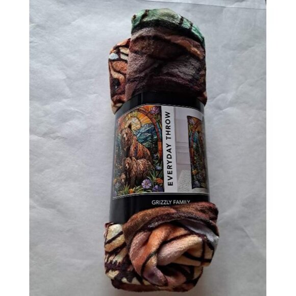 New Grizzly Bear Family Stained Glass Plush Throw Blanket Gift Cubs Bears Rustic - Picture 3 of 3
